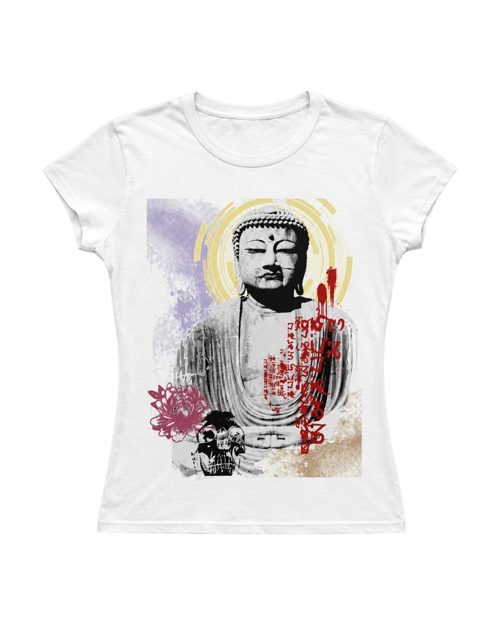 Camiseta blanca de algodón con estampado artístico de Buda, flor y calavera. Diseño de Estudio Mora.