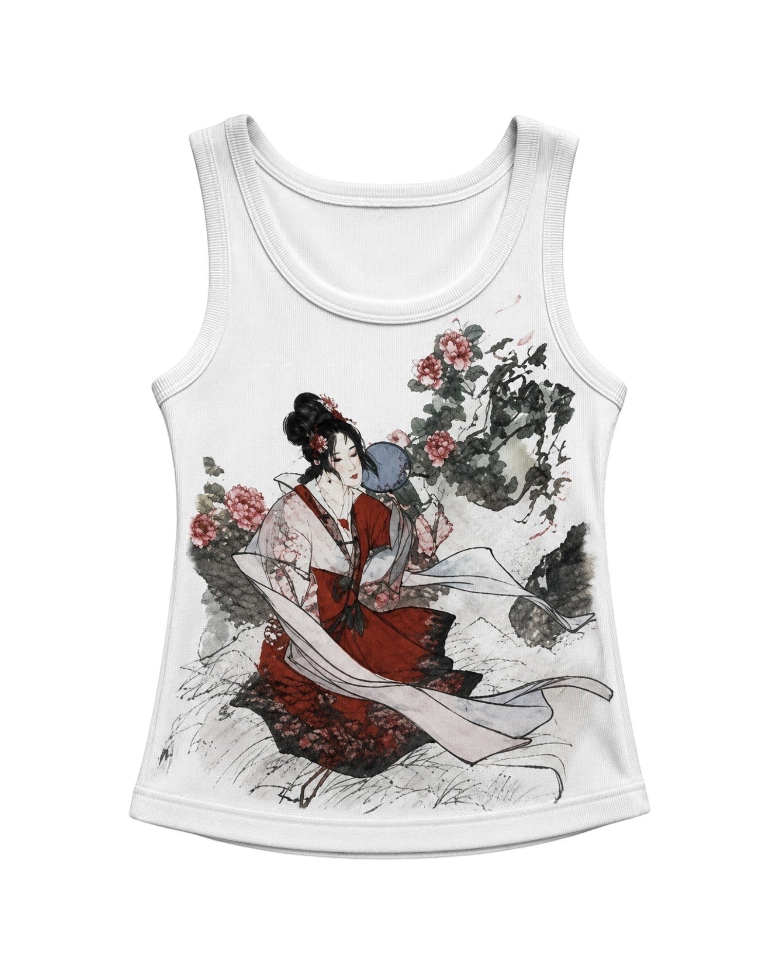 Camiseta sin mangas blanca de Estudio Mora con estampado de mujer japonesa y flores en tonos rojos y rosas.