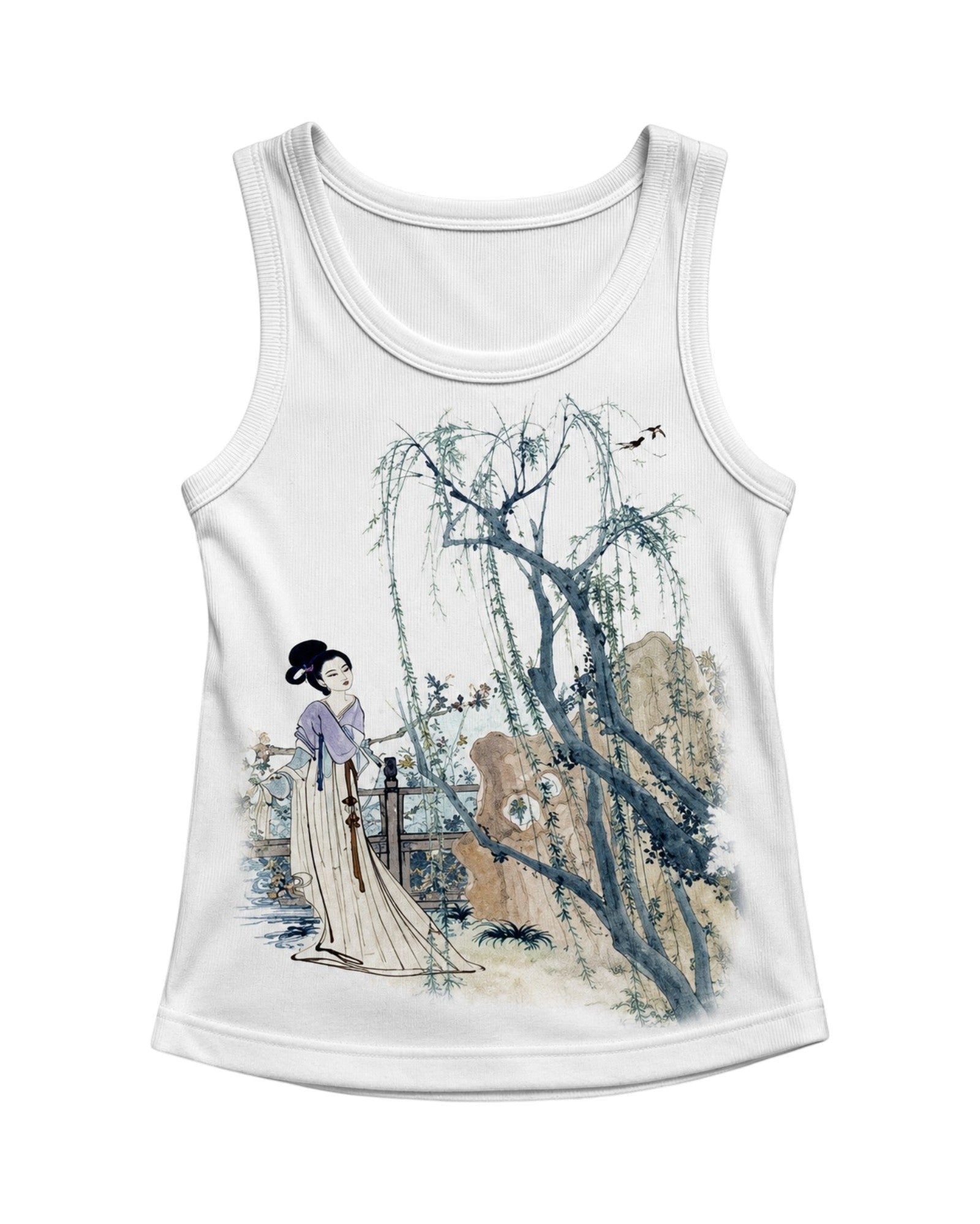 Camiseta sin mangas blanca de Estudio Mora con estampado de mujer asiática y sauce llorón. Algodón.
