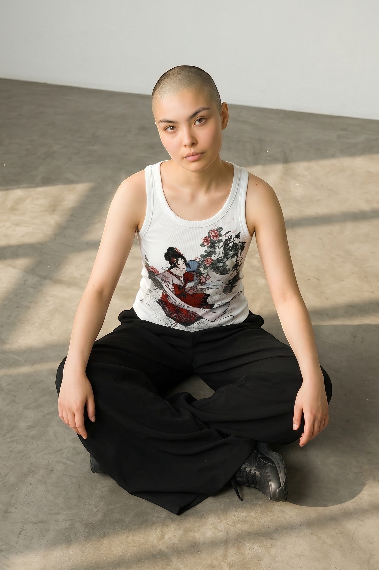 Estudio Mora white tank top with Japanese geisha and floral print, sleeveless, crew neck.