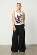 Estudio Mora white tank top with Japanese geisha print and red floral accents.