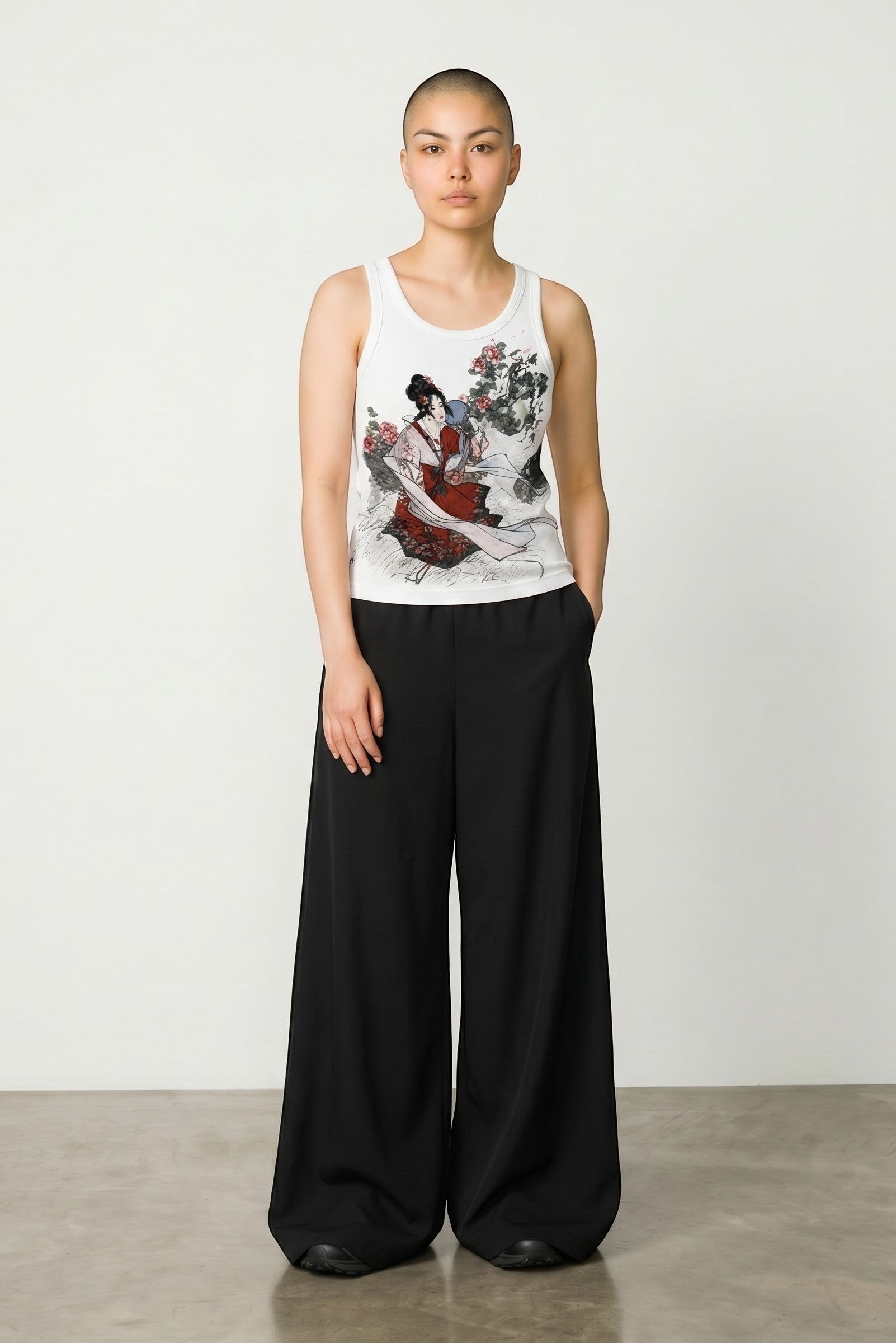 Estudio Mora white tank top with Japanese geisha print and red floral accents.