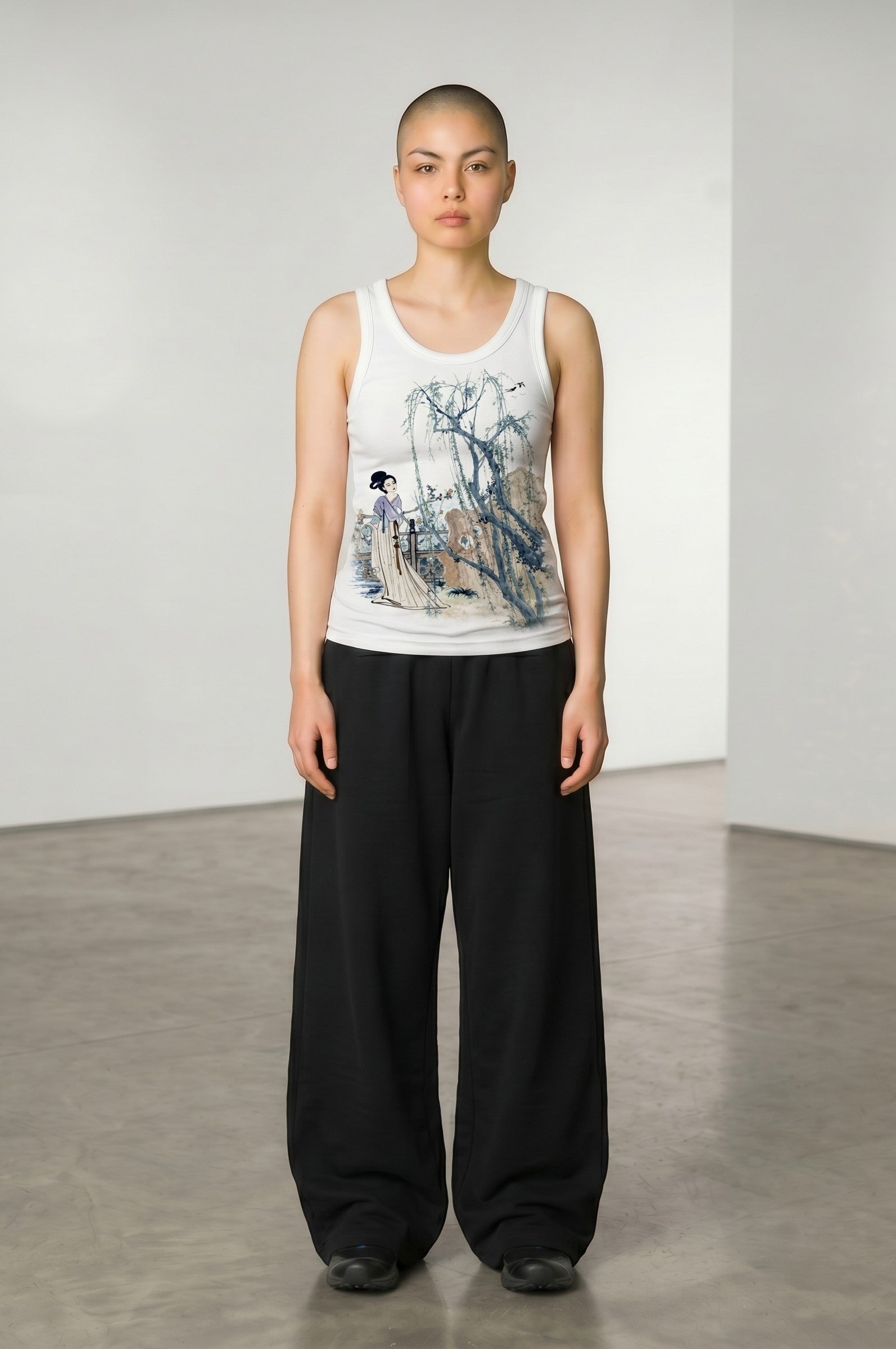 Estudio Mora Osaka Dreams Tank Top blanca con estampado de paisaje japonés y figura femenina