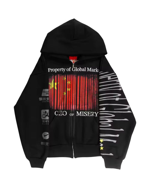 Sudadera con cremallera negra de Estudio Mora con estampado de la bandera china y texto "CEO OF MISERY".