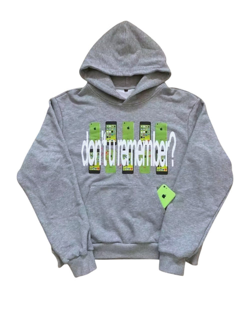 Sudadera gris de algodón de Estudio Mora con estampado "don't u remember?" y teléfonos móviles verdes.