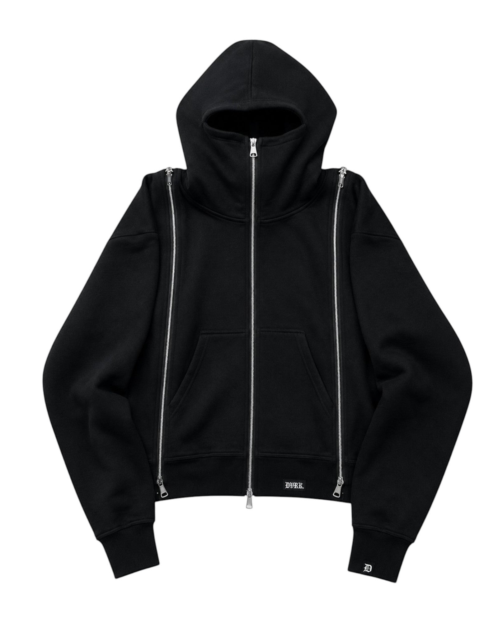 Sudadera negra con cremallera completa de Estudio Mora, con capucha alta y múltiples cremalleras decorativas en las mangas y el cuerpo.